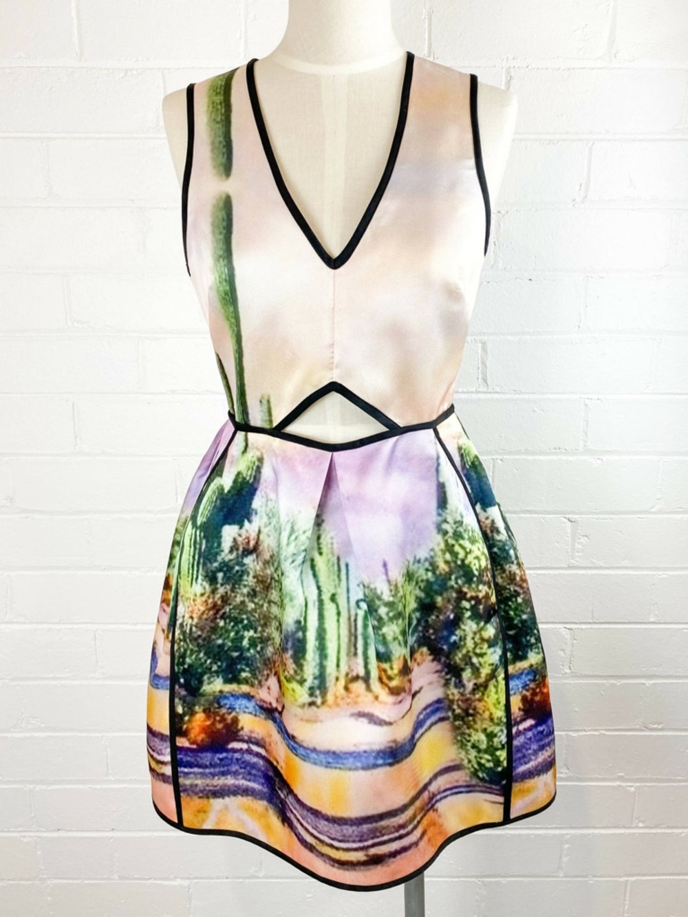 Alice McCall Pastel Desert-Print V-Neck Mini Dress with Black Trim